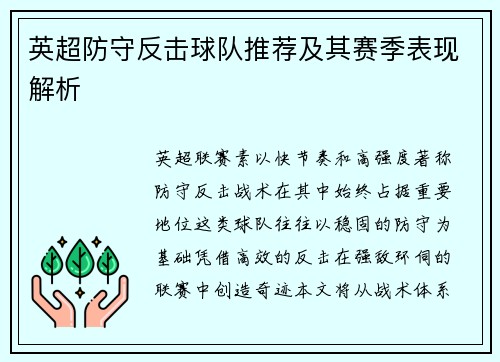 英超防守反击球队推荐及其赛季表现解析